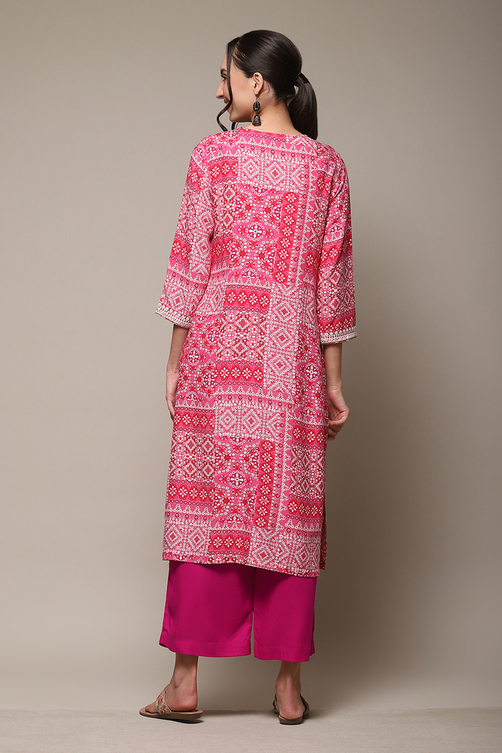 Deep Fuchsia LIVA Straight Printed Kurta image number 5