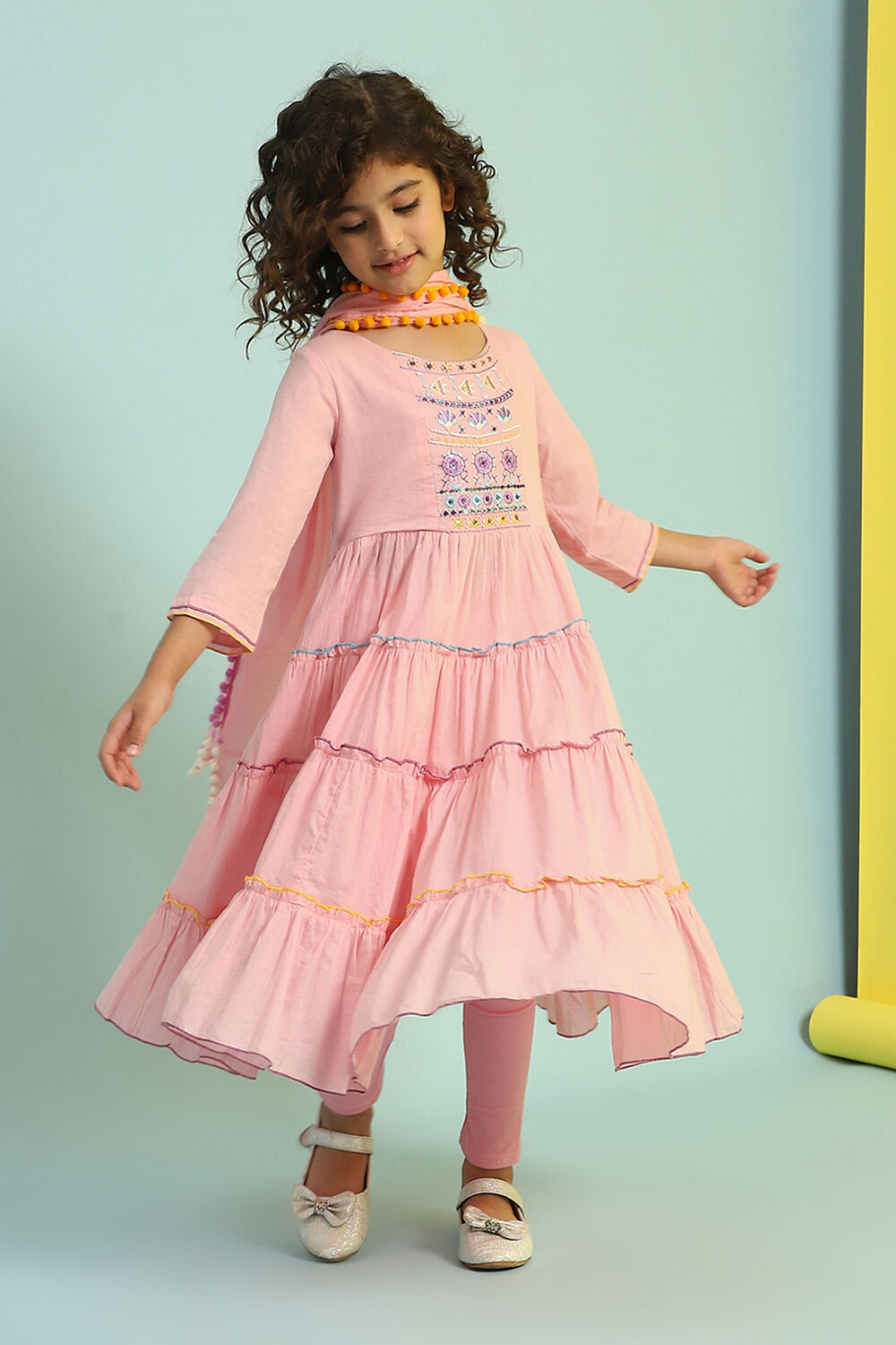 Pastel Pink Cotton Tiered Suit Set image number 0