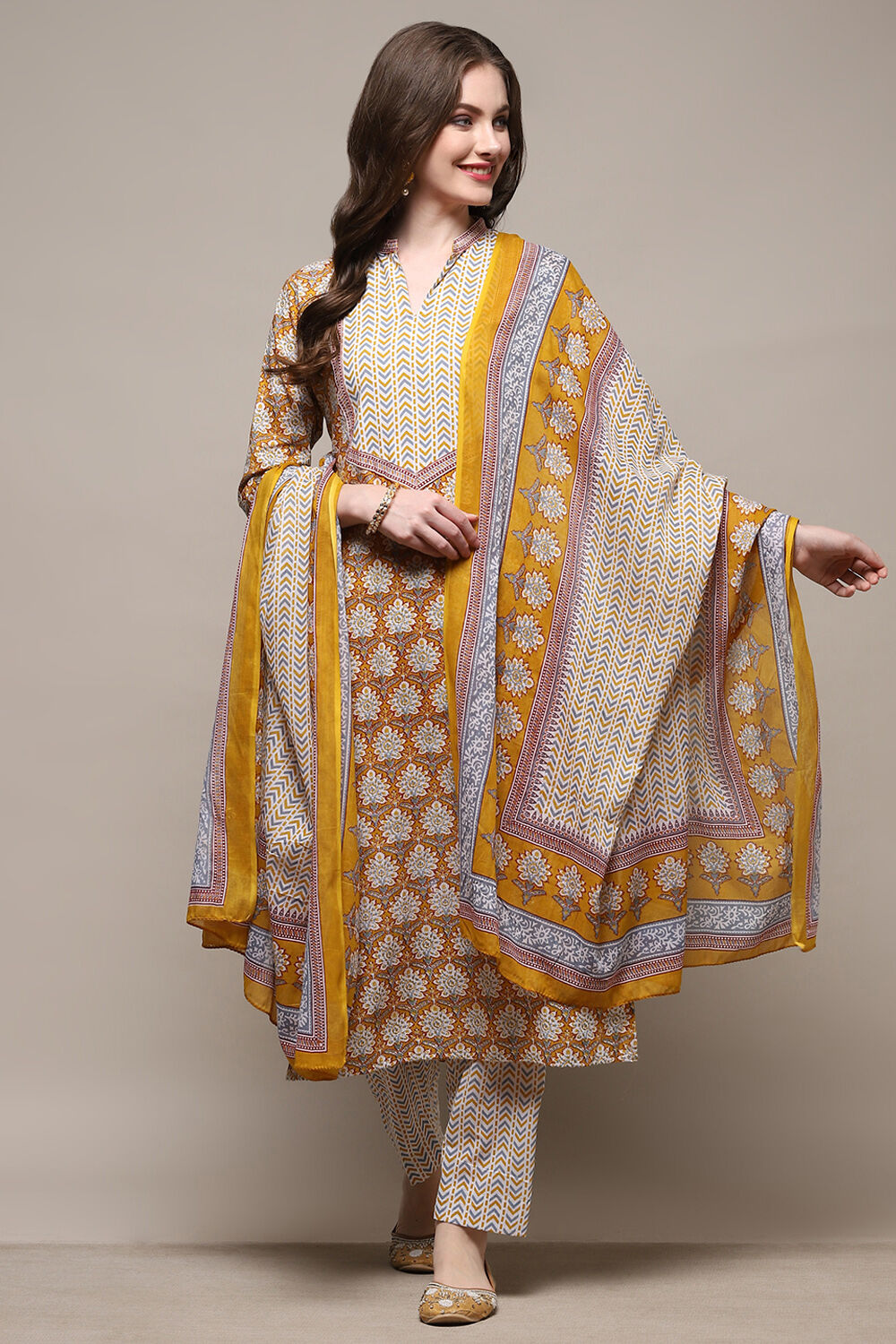 Blue Cotton Screen Printed Unstitched Suit Set image number 8