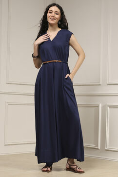 Navy Blue Viscose Rayon Asymmetric Dyed Jumpsuit image number 2
