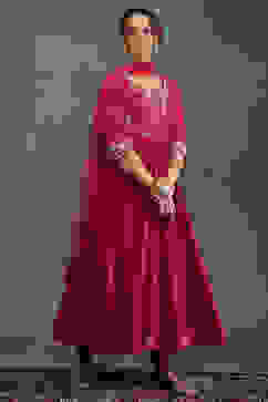 Rohit Bal Pink Silk Chanderi Floral Anarkali Suit Set image number 5