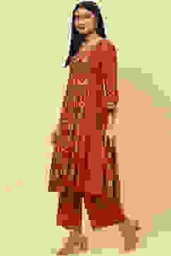 Rust Cotton Flared Kurta Set image number 3