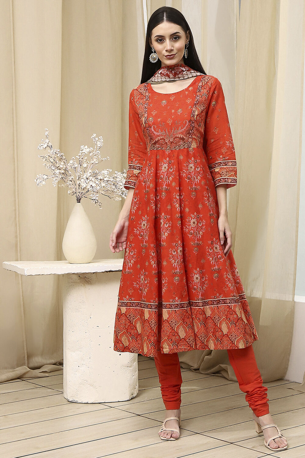 Orange Cotton Printed Anarkali Suit Set image number 6