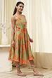 Green Cotton Blend Floral Printed Flared Dress image number 4