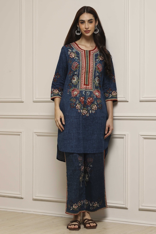 Buy Blue Cotton Straight Printed Kurta Pants Set Online at Biba India
