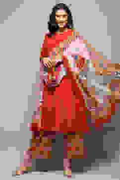 Orange Cotton Pleated Kalidar Suit Set image number 0