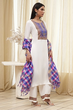 Off-White and Blue Straight Suit Set image number 6