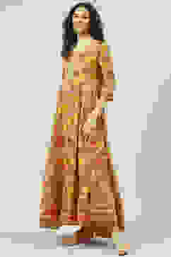 Mustard Poly Cotton Flared Fusion Printed Dress image number 2