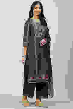 Charcoal Cotton Straight Kurta Slim Pants Suit Set image number 6