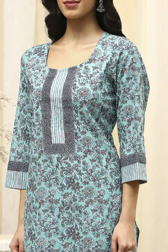 Turquoise Cotton Hand Block Print Unstitched Suit Set image number 2