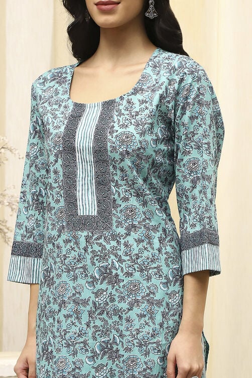 Turquoise Cotton Hand Block Print Unstitched Suit Set image number 2