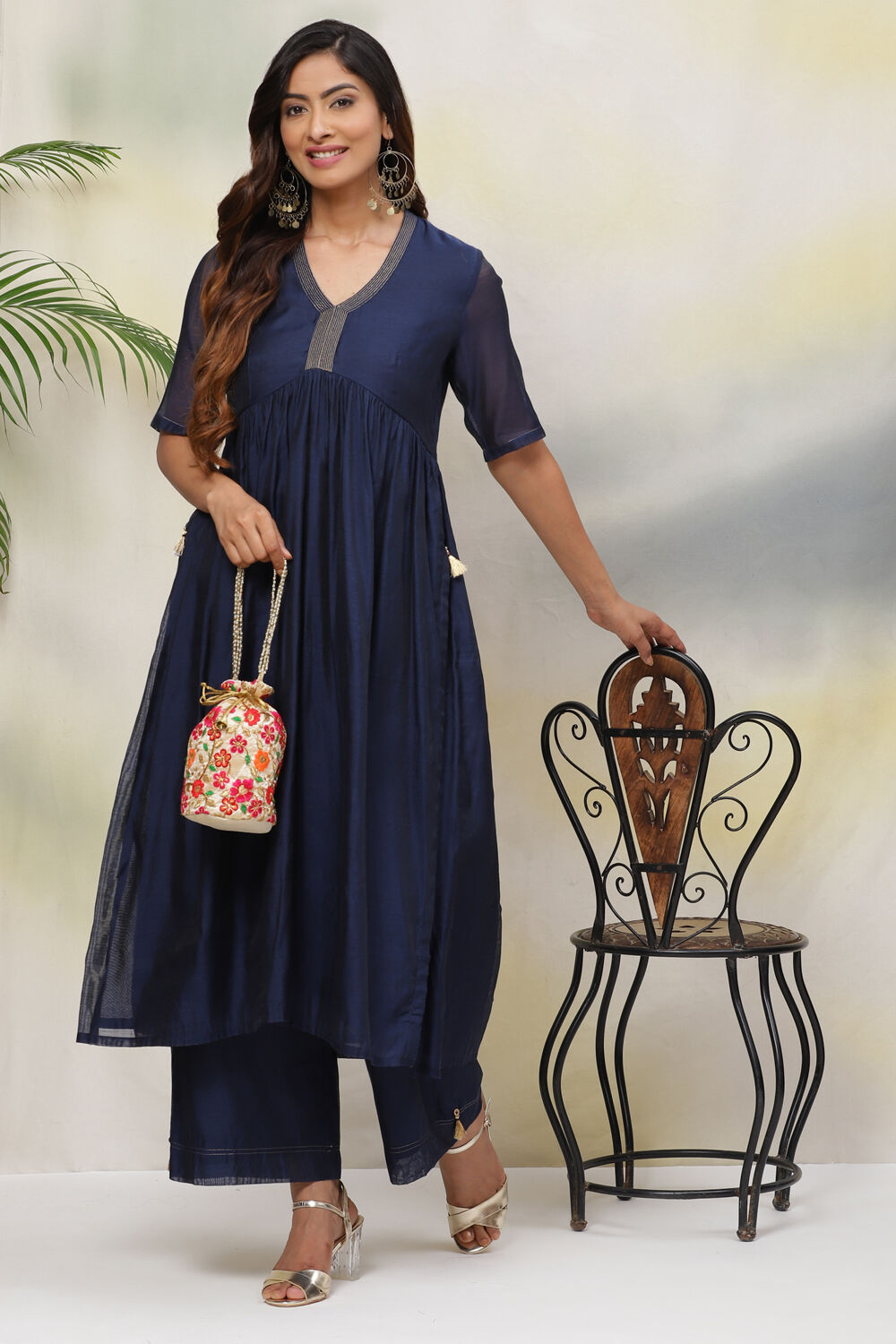 Navy Flared Art Silk Fusion Wear 2 Piece Set image number 0