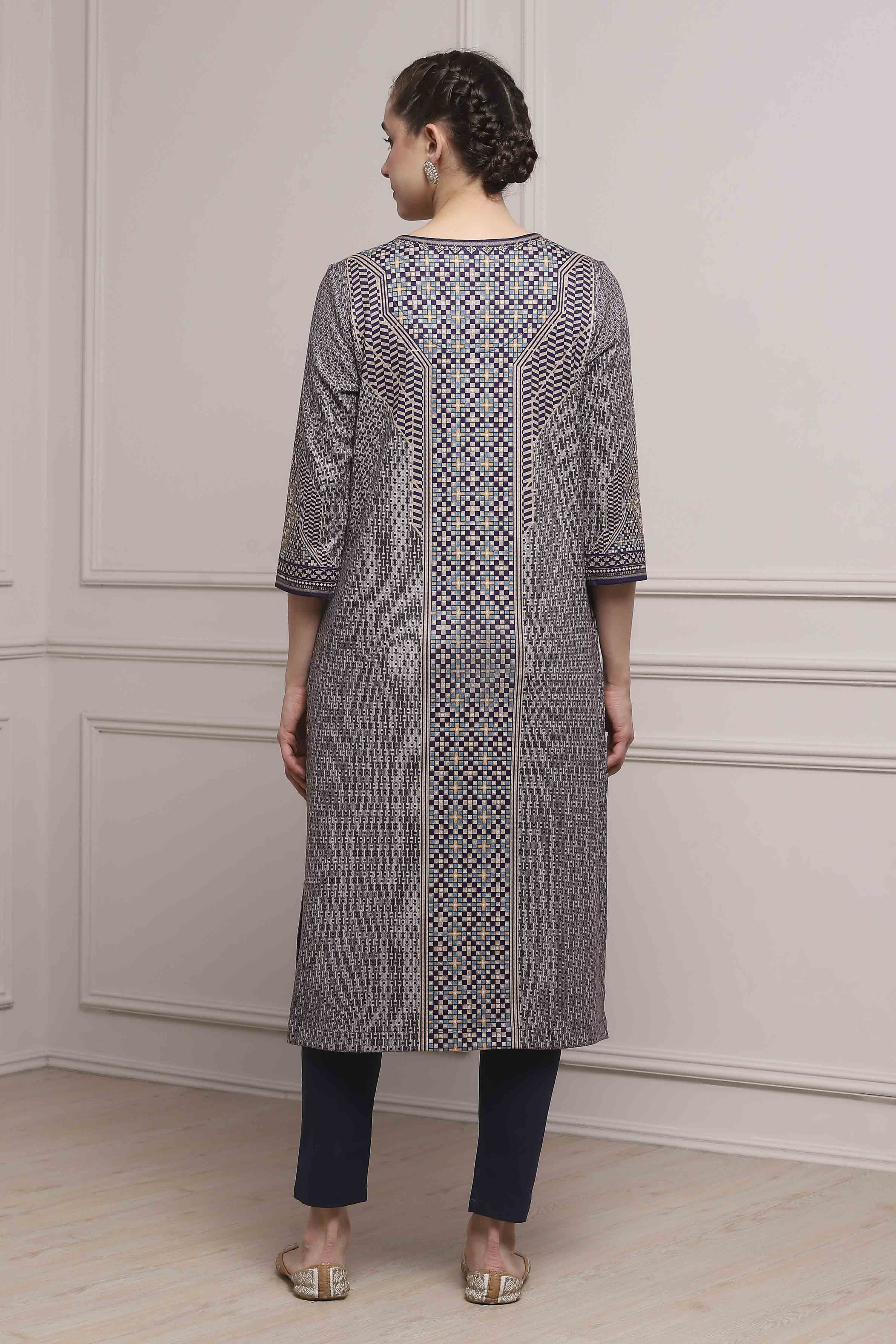 Blue Polyester Straight Printed Kurta image number 3