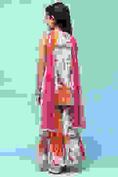 Off White Peplum Kurta With Sharara & Net Dupatta. image number 5