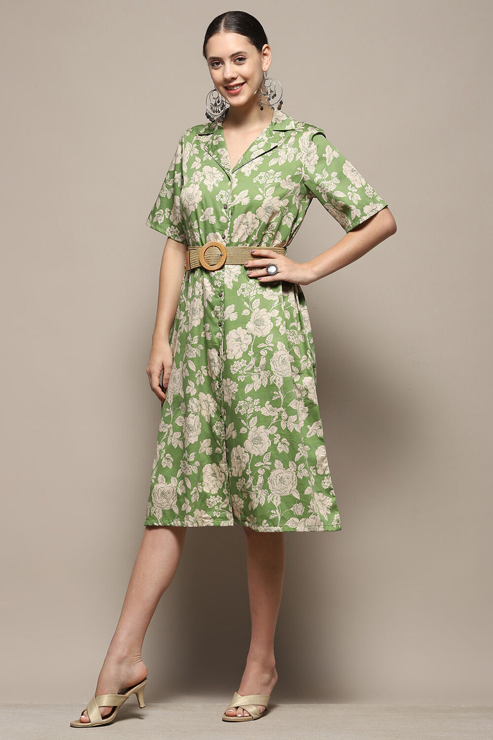 Dark Green Pure Cotton Floral Printed Straight Dress image number 3