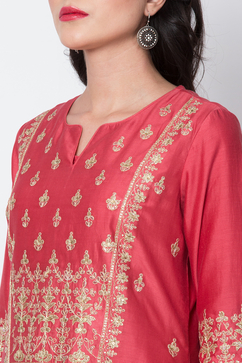 Coral Cotton Blend Flared Kurta Churidar Suit Set image number 1