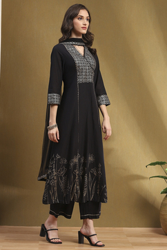 Black Cotton Printed Festive A-Line Suit Set image number 5