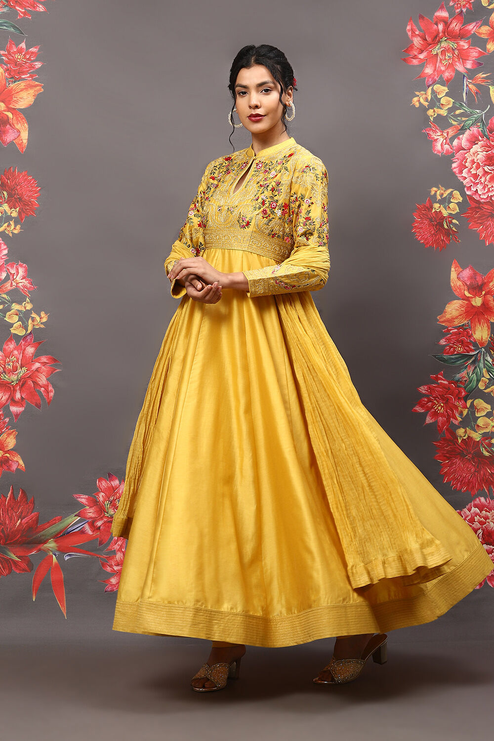 Mustard Cotton Blend Anarkali Kurta Suit Set image number 5