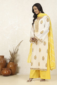 Mustard Yellow Cotton Hand Block Print Unstitched Suit Set image number 4