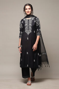 Black Cotton Straight Kurta Palazzo Suit Set image number 7
