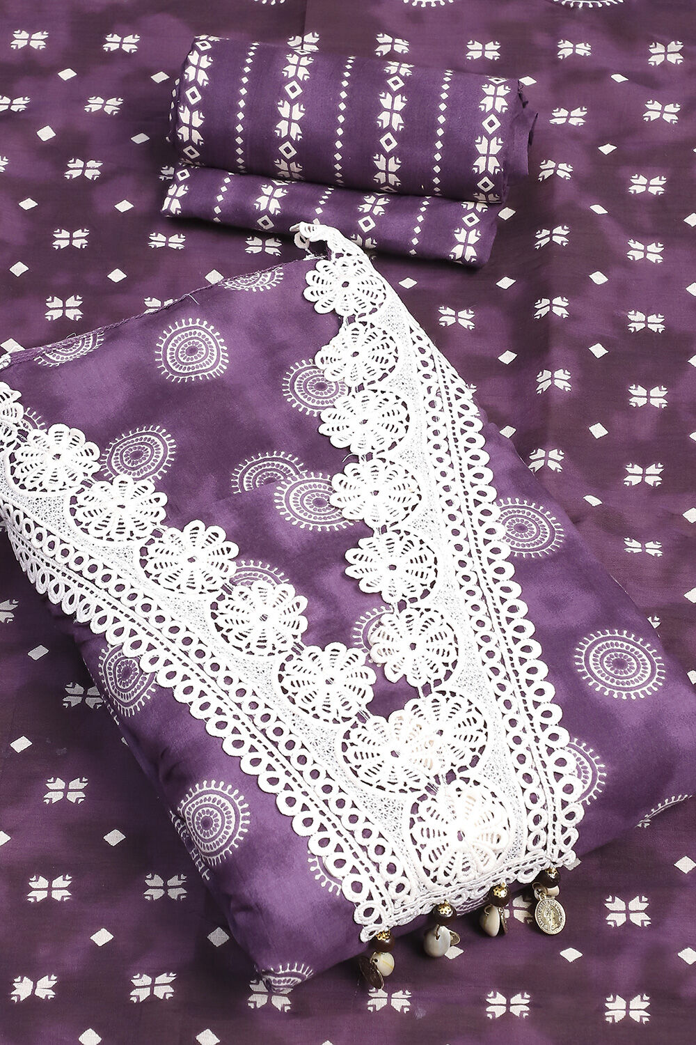 Purple Cotton Unstitched Suit Set image number 3