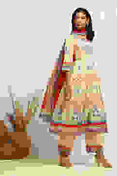 Ecru Cotton Geometric Printed Anarkali Suit Set image number 5