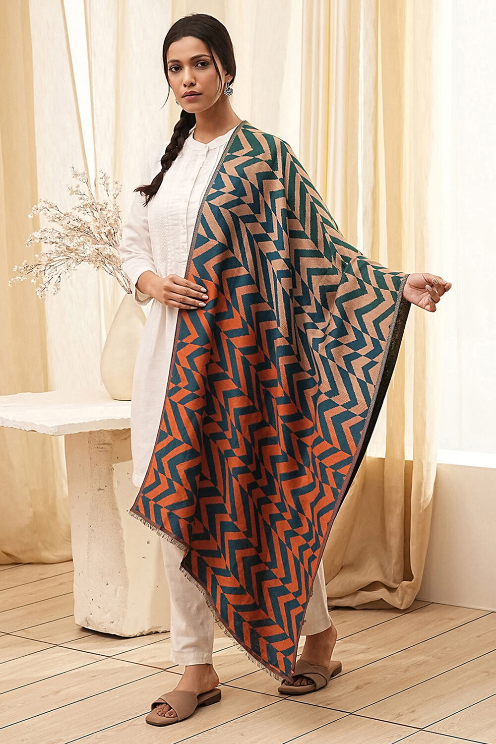 Navy & Orange Cotton Blend Dupatta image number 0