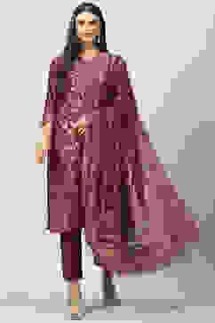 Plum Art Silk Straight Kurta Slim Pants Suit Set image number 0