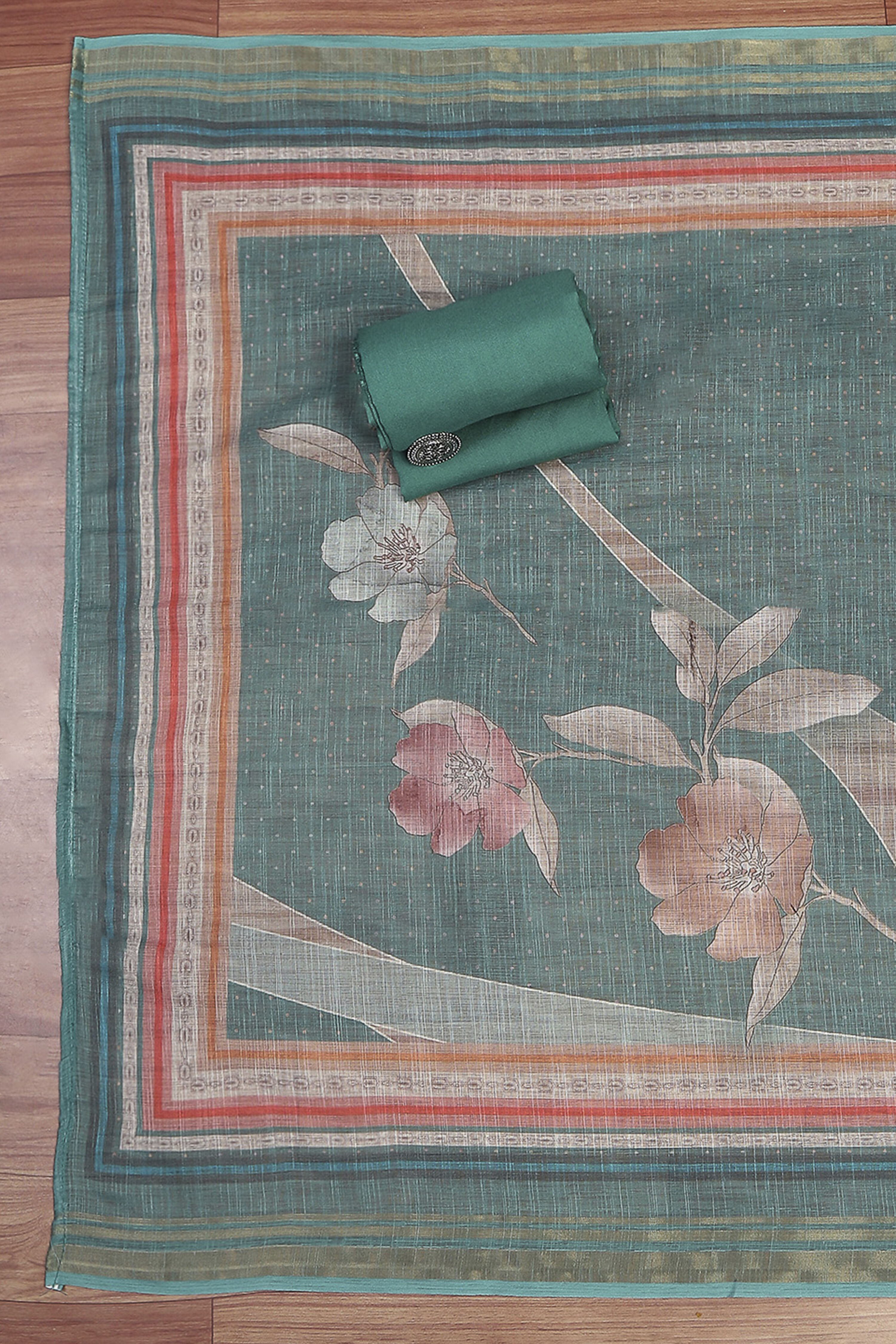 Green Linen Unstitched Suit Set image number 3
