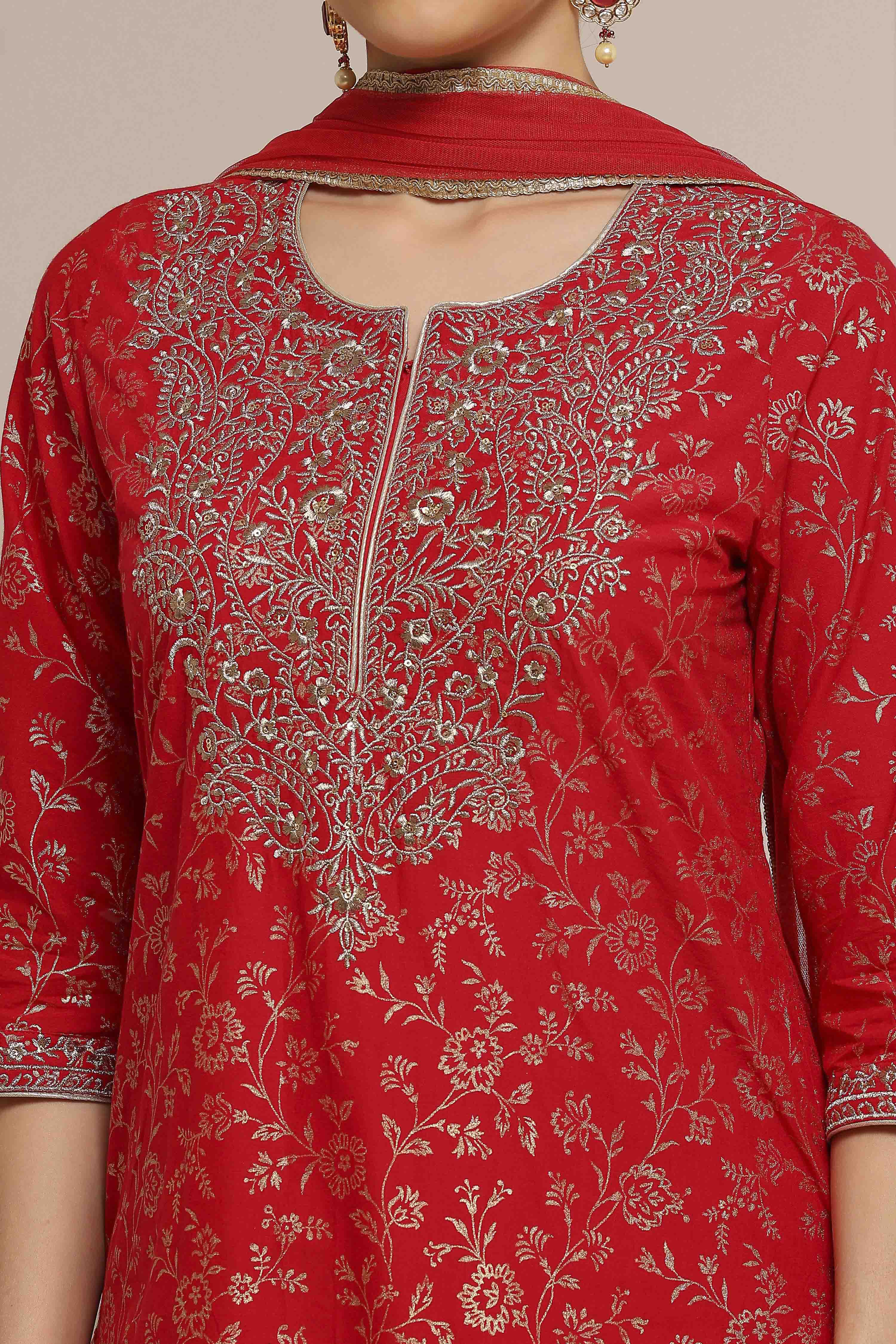 Maroon Cotton Printed Straight Suit Set image number 1