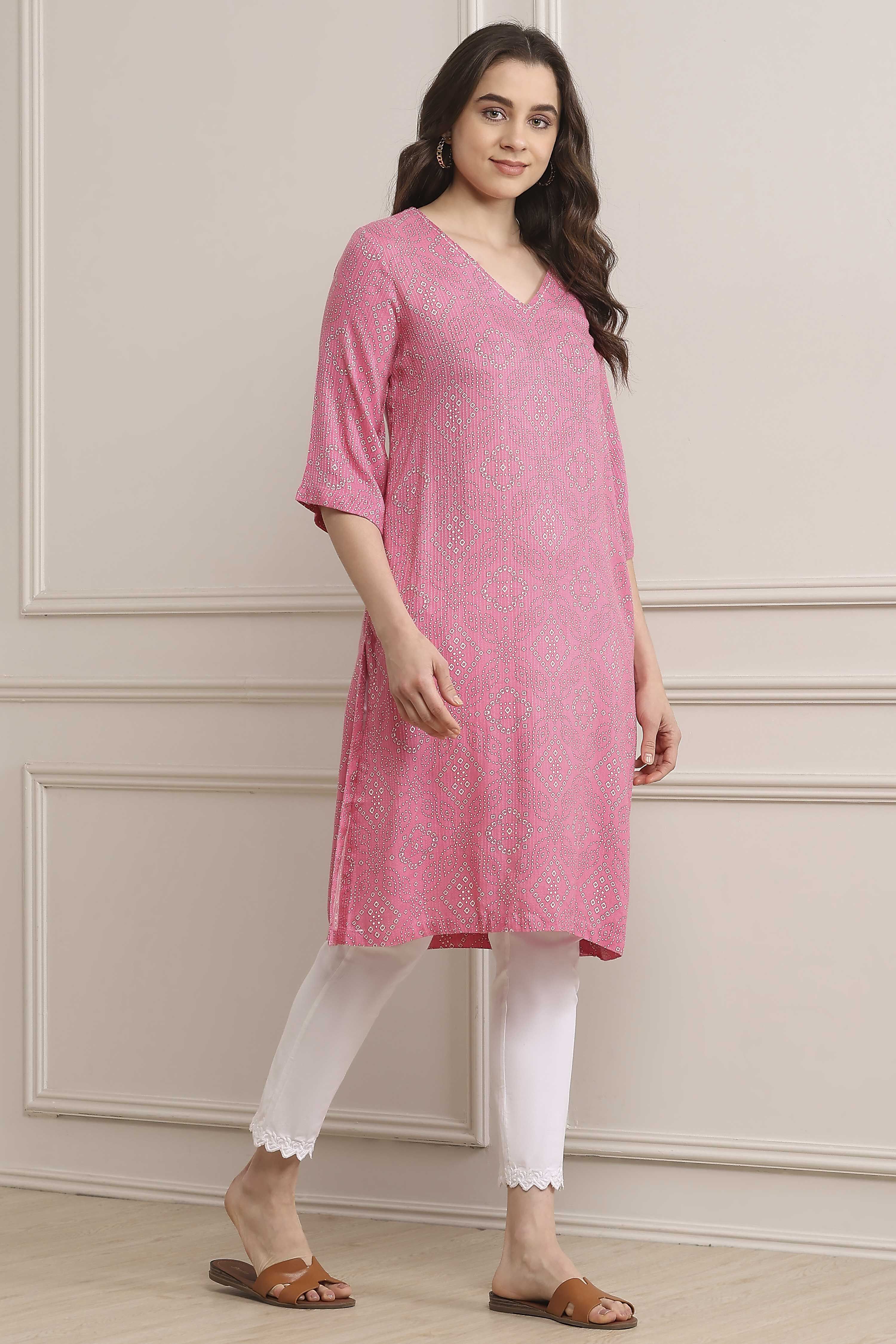 Pink Viscose Straight Printed Kurta image number 4