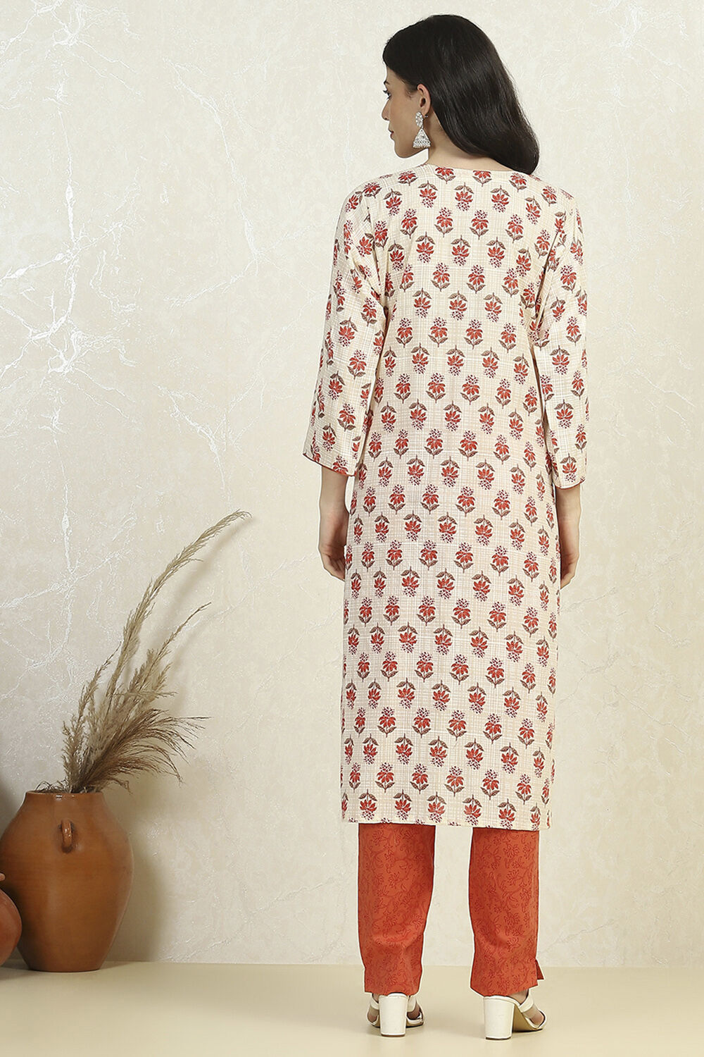 Orange Cotton Printed Embroidered Unstitched Suit Set image number 5