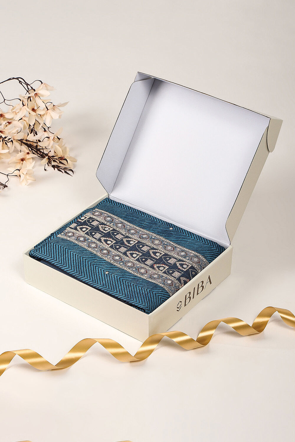 Blue Chanderi Printed Unstitched Suit Set image number 0