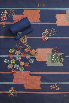 Navy Blue Chanderi Printed Unstitched Suit Set image number 3