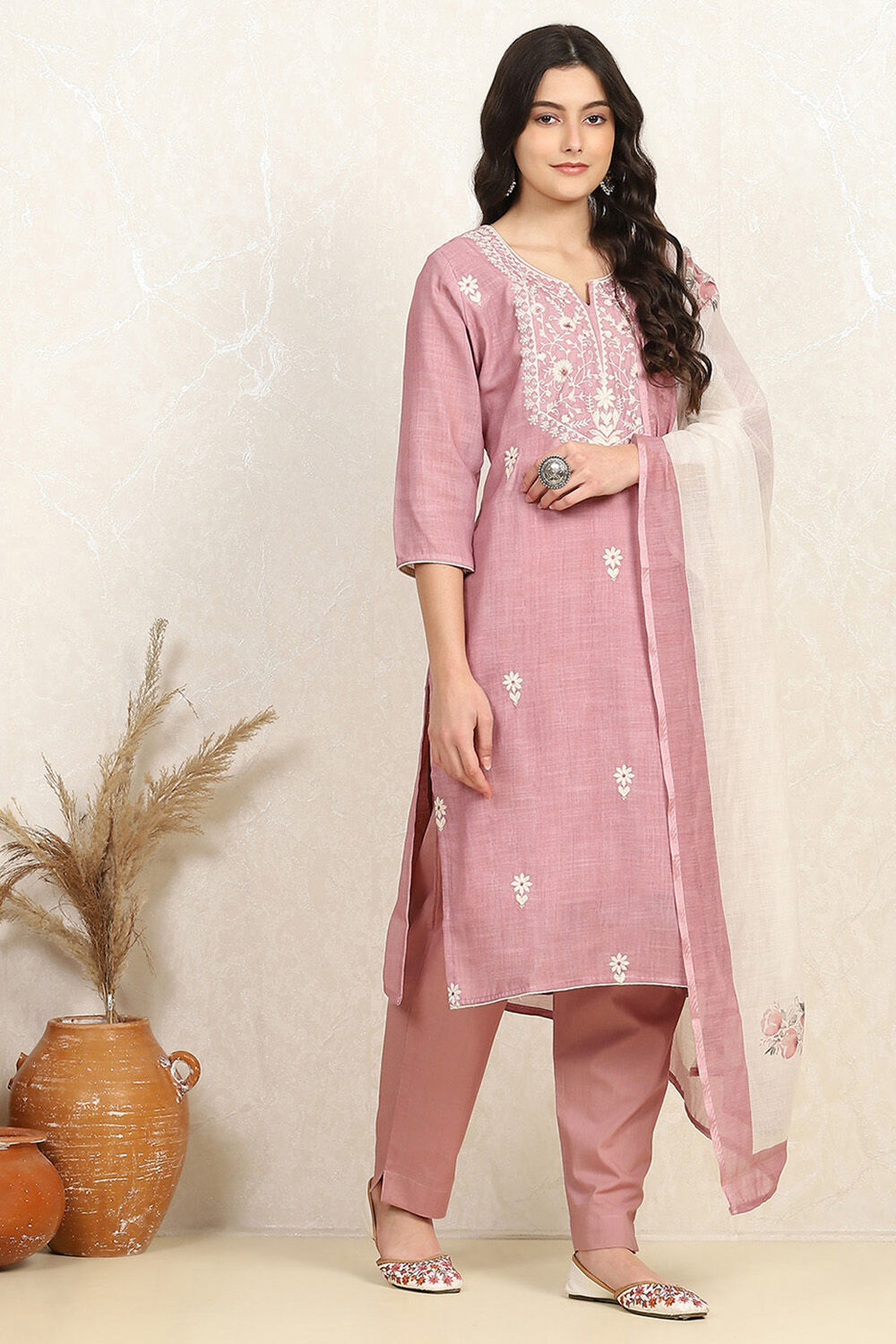 Pink Cotton Embroidered Unstitched Suit Set image number 6