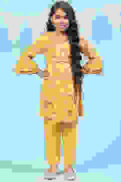 Yellow Rayon Kalidar Printed Kurta Set image number 0