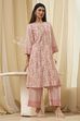 Off-White and Pink Cotton Straight Kurta Set image number 0