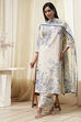 Off-White and Blue Cotton Straight Suit Set image number 0