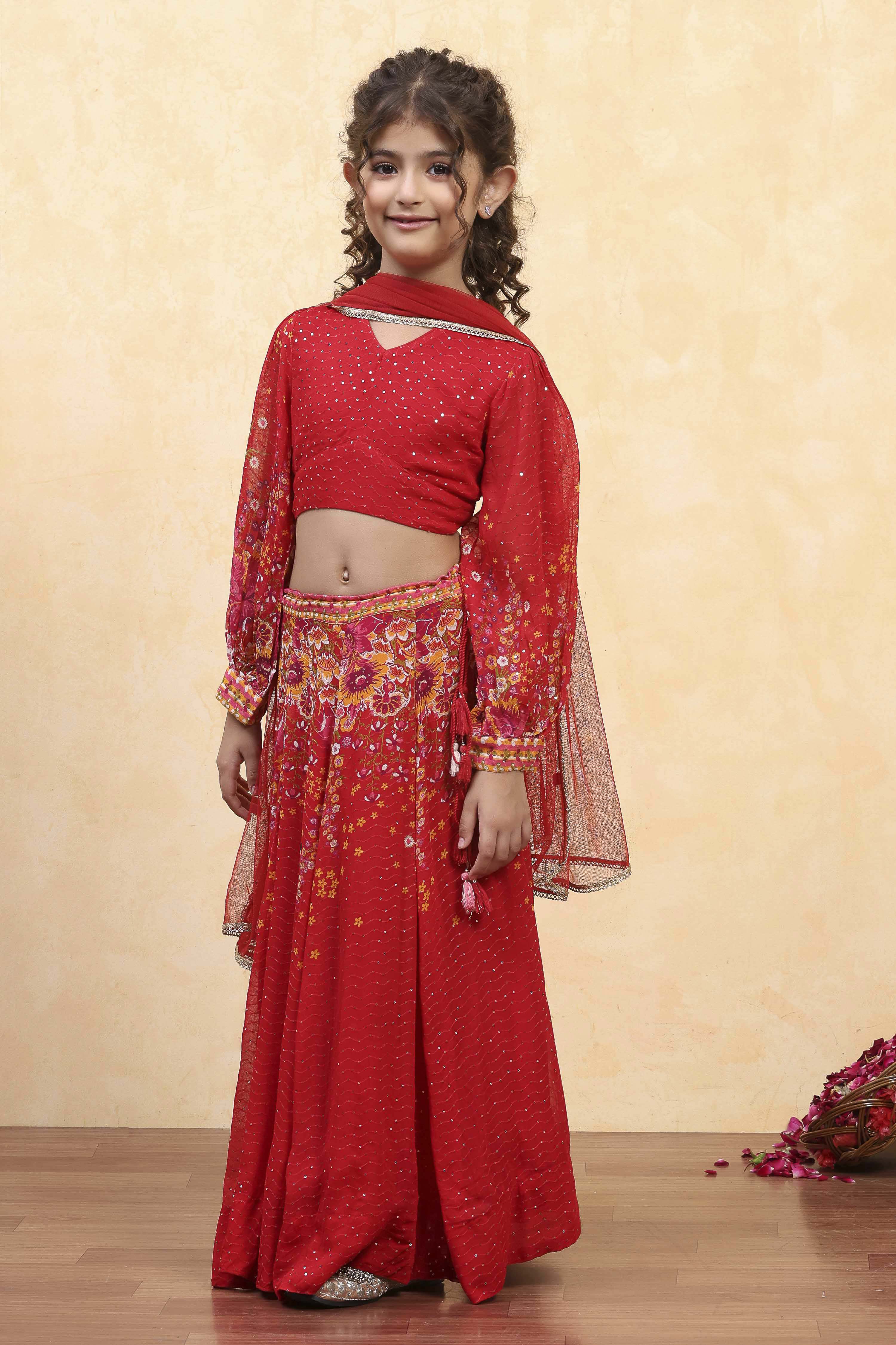 Red Viscose Rayon Printed Kalidar Lehenga Set image number 3