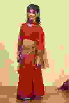 Red Viscose Rayon Printed Kalidar Lehenga Set image number 3