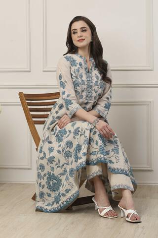 BIBA Blue Cotton Anarkali Suit Set in Blue