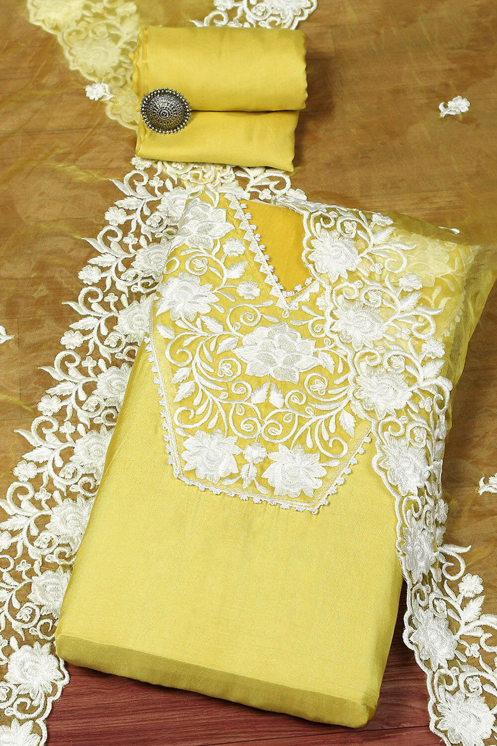 Yellow Muslin Unstitched Suit set image number 0