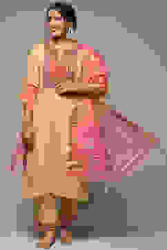 Beige Rayon Straight Kurta Pant Suit Set image number 0