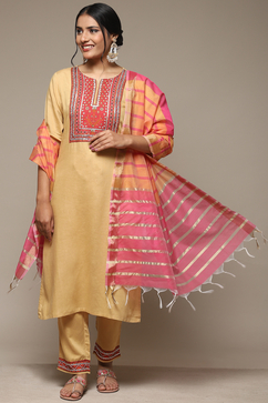 Beige Rayon Straight Kurta Pant Suit Set image number 0