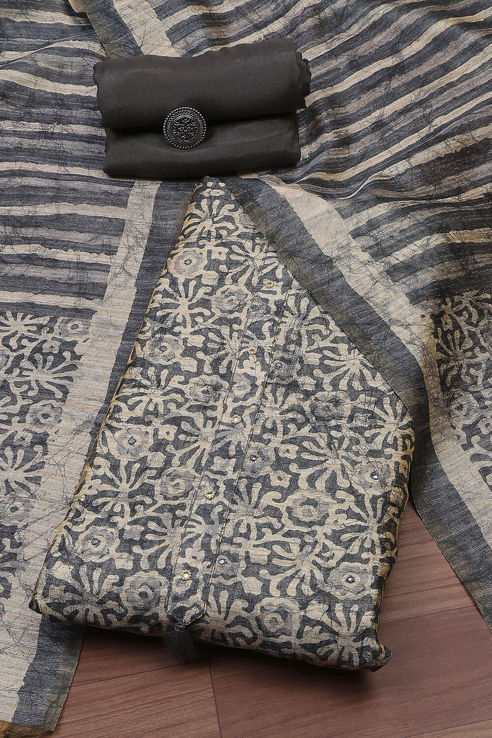 Gray Silk Blend Printed Unstitched Suit Set image number 0