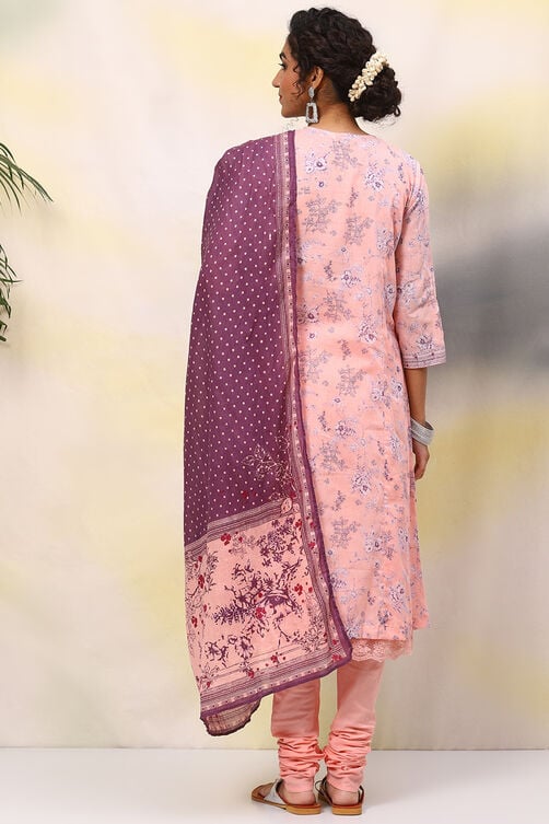 Pink Cotton A-Line Kurta Churidar Suit Set image number 4