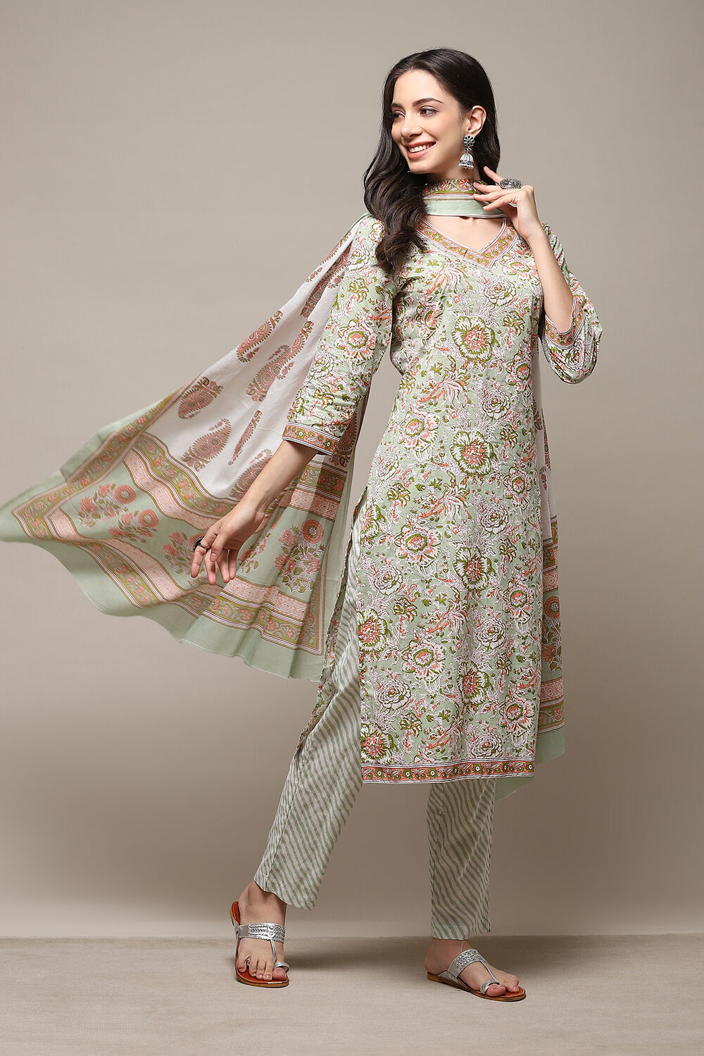 Buy Dull Green Cotton Panelled Unstitched Suit Set Online at Biba India