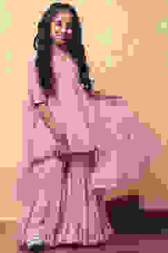 Pink Chiffon Printed Gathered Festive Flared Suit Set image number 6