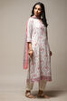 Off White Cotton Screen Print Unstitched Suit Set image number 7