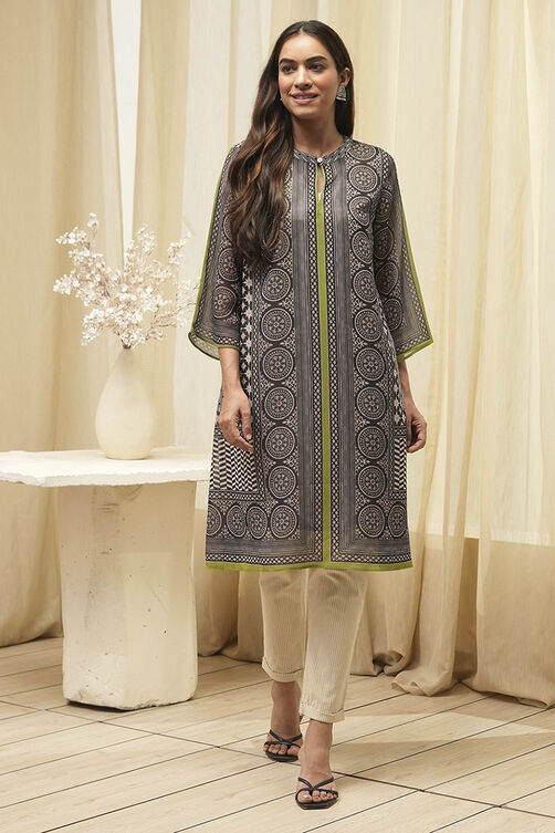 Black Polyester Straight Printed Kurta image number 5